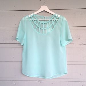 NWT SEMI SHEER CUT OUT CHIFFON BLOUSE BY TRIBEAR IN LIGHT AQUA